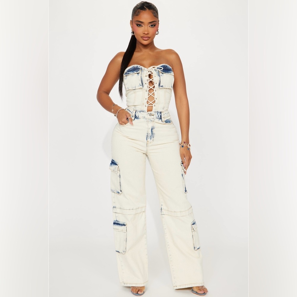I'm Selling This Brand New Fashion Nova Cream & Blue Denim Jumpsuit size 2X